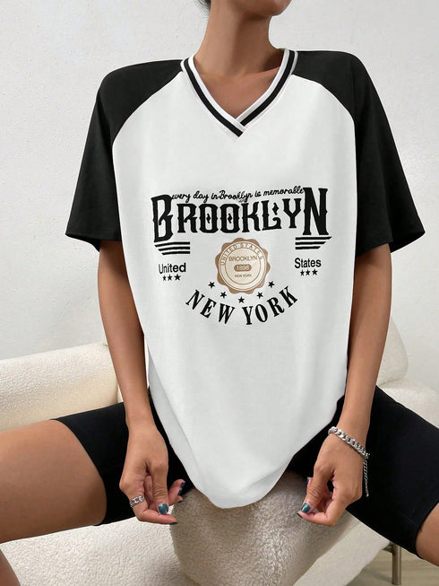 'BROOKLYN' V-Neck Oversized T-Shirt | Graphic Print