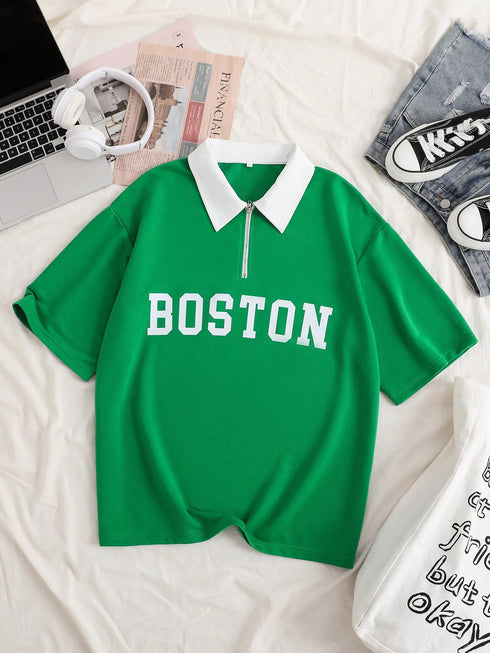 Contrast Half-Zip Polo Oversized | Graphic Print