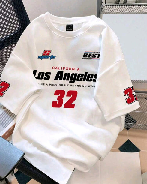 'LA-32' Round Neck Oversized Tee | Graphic Print