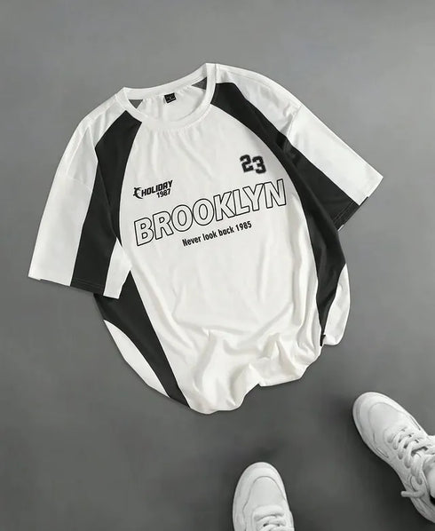 'BROOKLYN' V-Neck Oversized T-Shirt | Graphic Print