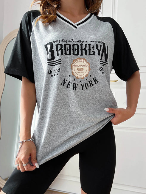 'BROOKLYN' V-Neck Oversized T-Shirt | Graphic Print