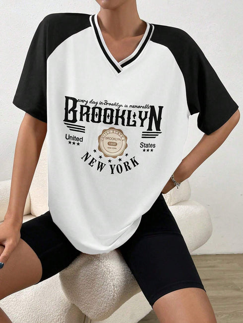'BROOKLYN' V-Neck Oversized T-Shirt | Graphic Print