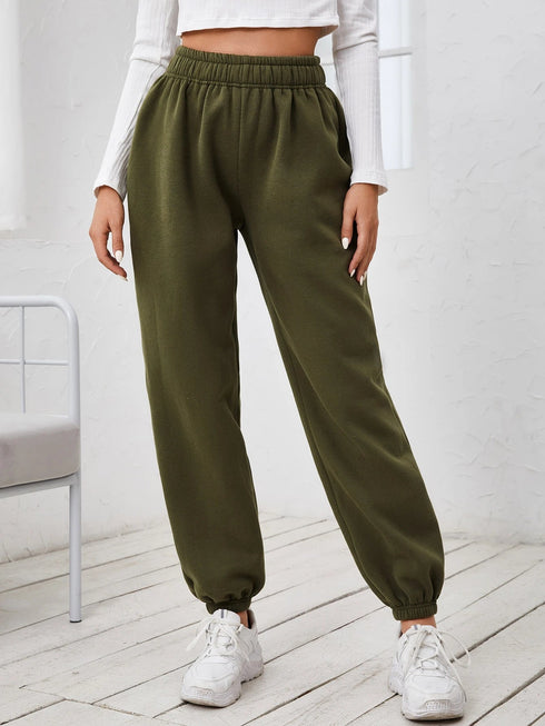 Elastic High Waist Solid Sweatpants Joggers