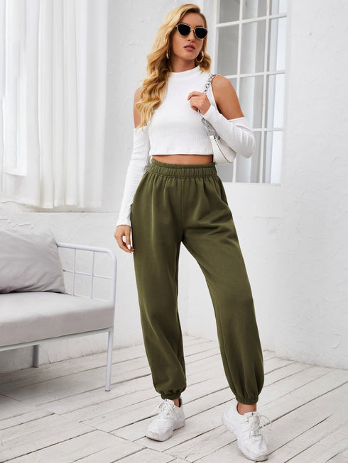 Elastic High Waist Solid Sweatpants Joggers