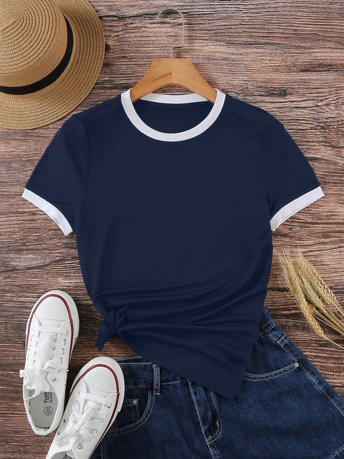 Contrast Binding Round Neck Tee Graphic Tees Women Tops