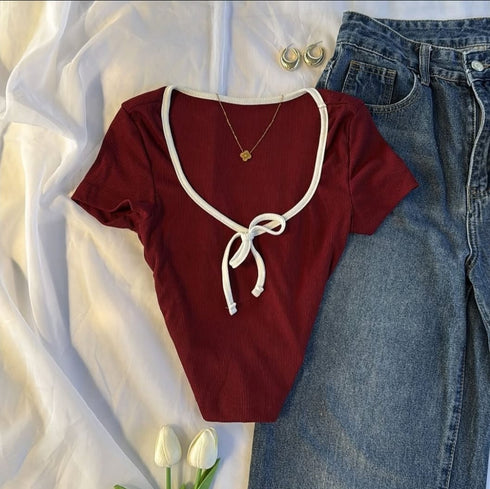 Lace Scoop Neck Contrast | Ribbed