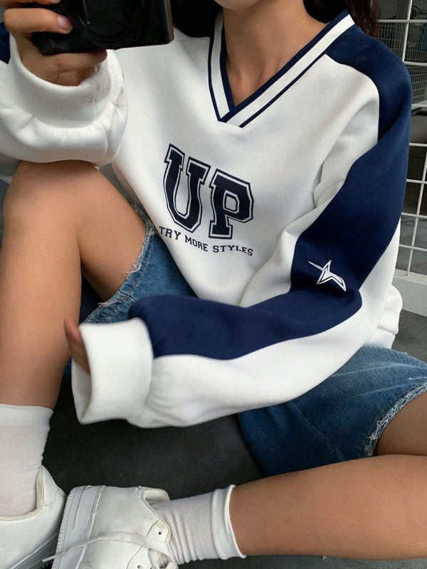 Contrast V-Neck Reglan Sweatshirt