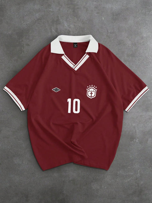 '10' V-Neck Contrast Oversized T-Shirt | Graphic Print