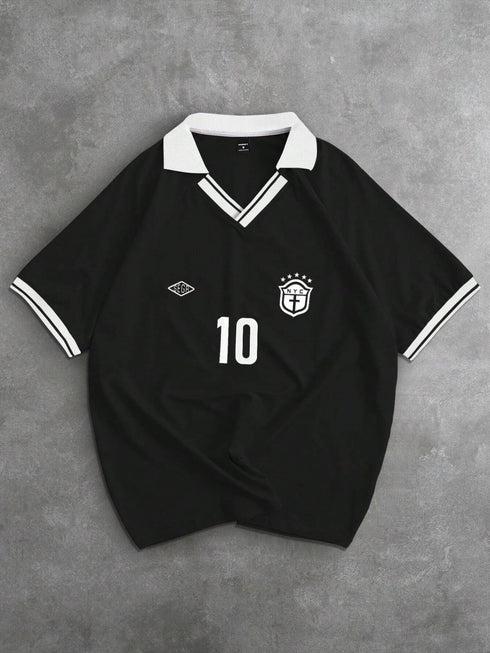 '10' V-Neck Contrast Oversized T-Shirt | Graphic Print