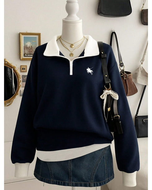 Contrast Collared Half-Zip Sweatshirt | Printed