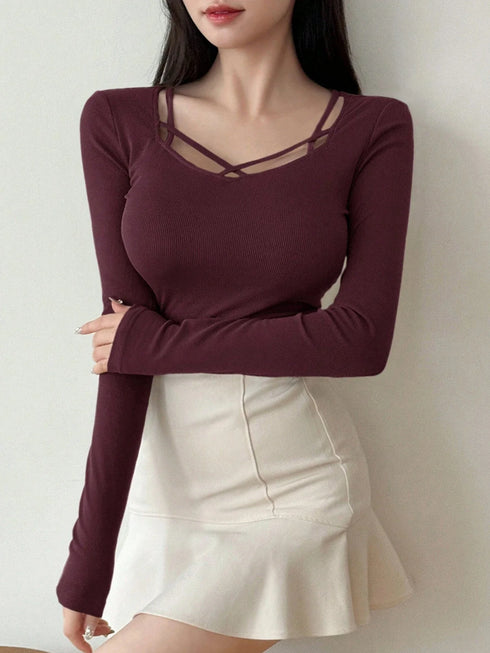 Sweetheart Neck Drawstring Long Sleeve Top | Ribbed