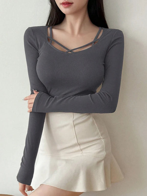 Sweetheart Neck Drawstring Long Sleeve Top | Ribbed