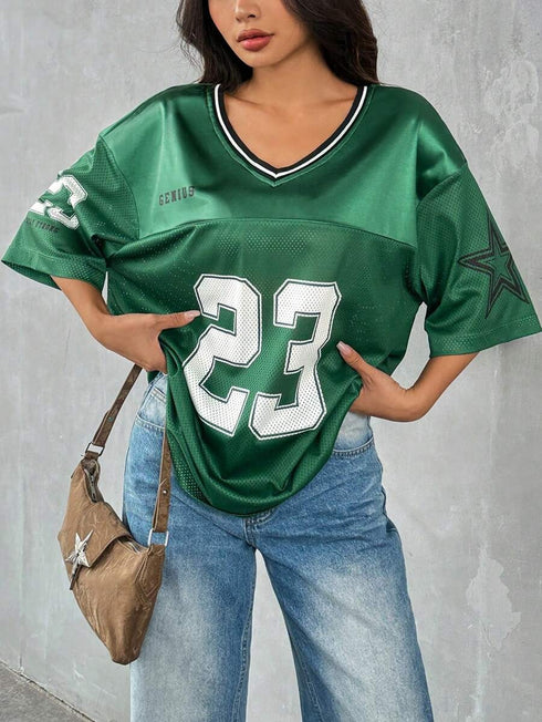 '23' V-Neck Contrast Oversized T-Shirt | Graphic Print