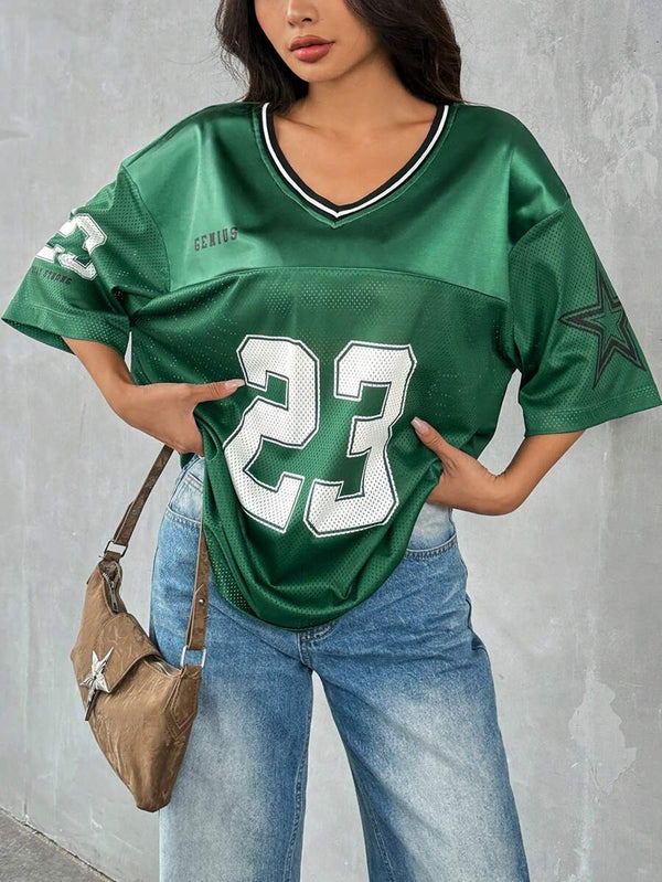 '23' V-Neck Contrast Oversized T-Shirt | Graphic Print