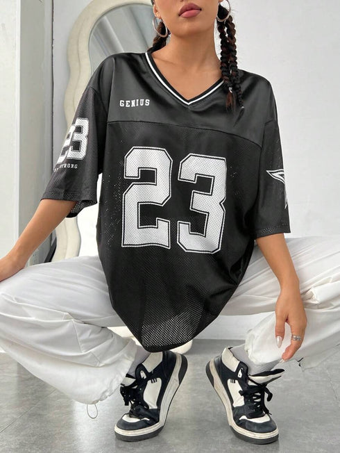 '23' V-Neck Contrast Oversized T-Shirt | Graphic Print