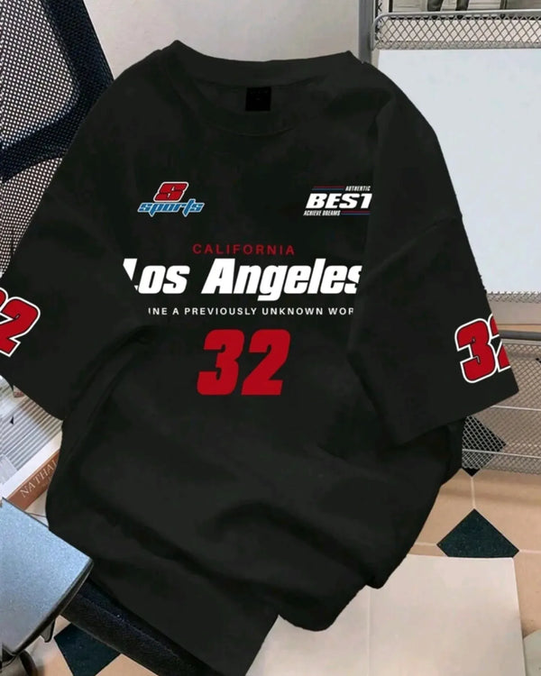 'LA-32' Round Neck Oversized Tee | Graphic Print