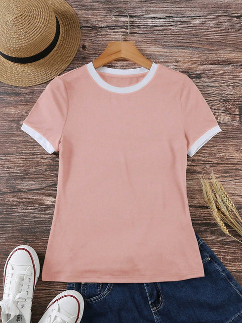 Contrast Binding Round Neck Tee Graphic Tees Women Tops