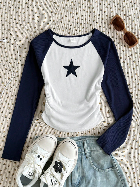 Contrast Reglan Printed Star | Ribbed