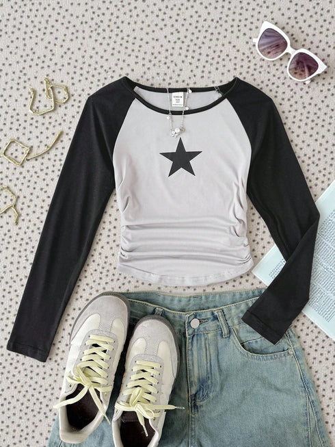 Contrast Reglan Printed Star | Ribbed