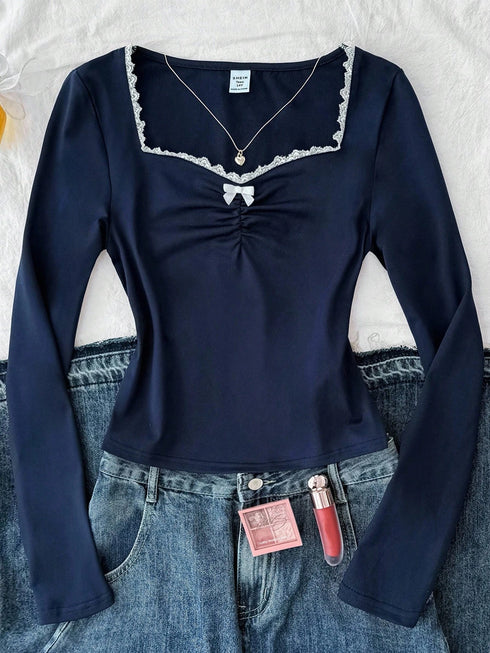 Lace Heartneck Boe Fruched Top