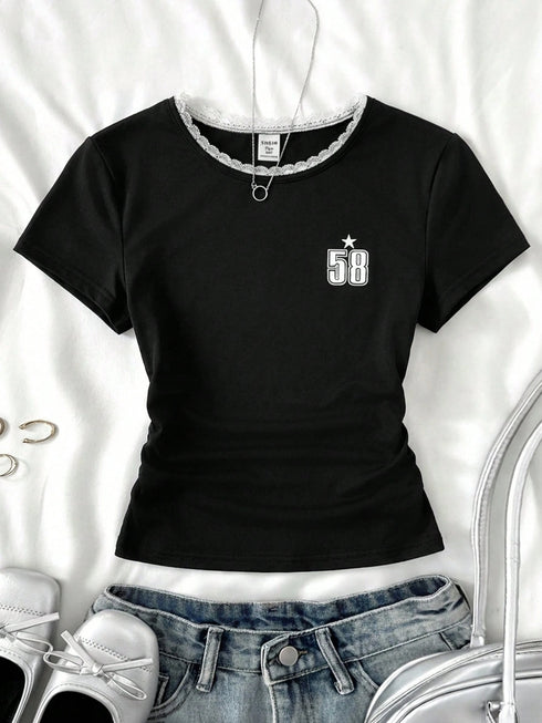 Lace Contrast Round Neck Top | Printed