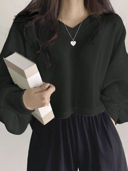 Drop Shoulder V-Neck Top | Ribbed