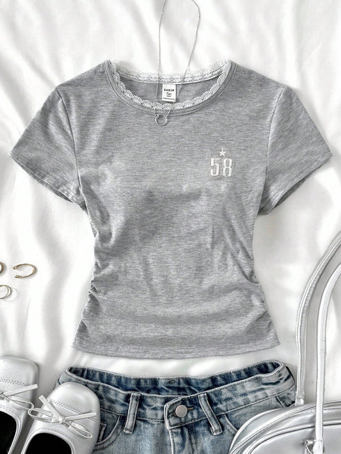 Lace Contrast Round Neck Top | Printed