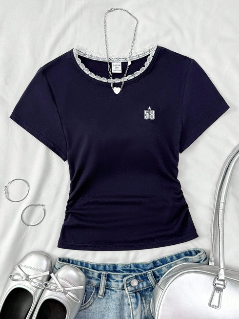 Lace Contrast Round Neck Top | Printed