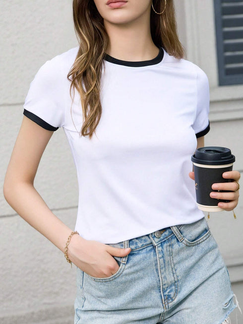 Contrast Binding Round Neck Tee Graphic Tees Women Tops