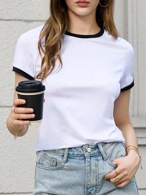 Contrast Binding Round Neck Tee Graphic Tees Women Tops